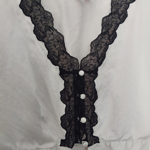 Willow Blossom Silk Grey Blouse with Black Lace Trim Size M - Picture 2 of 6